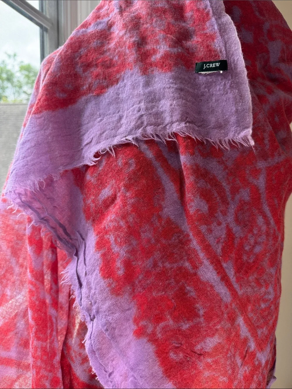 J. Crew red and purple patterned wrap.